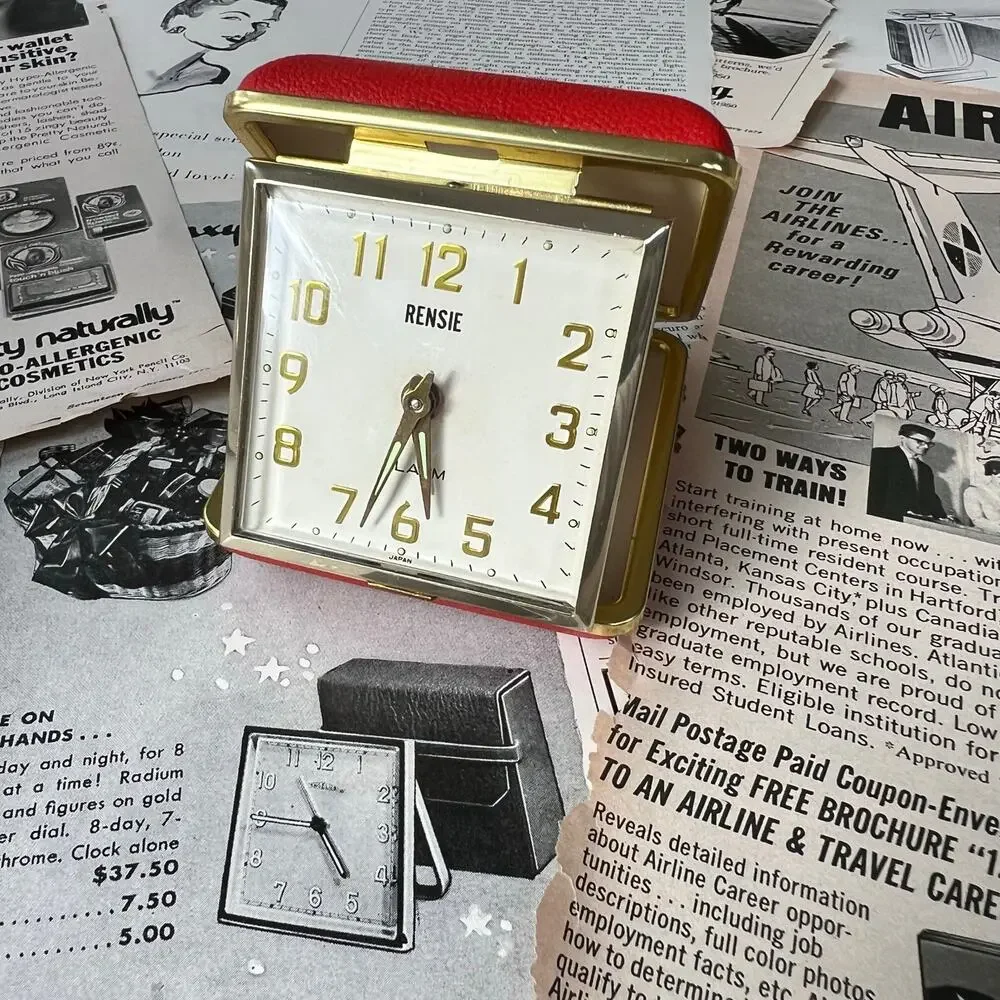 Vintage 1950s‎ Rensie Red Travel Alarm Clock Japan Brass Folding Case Working